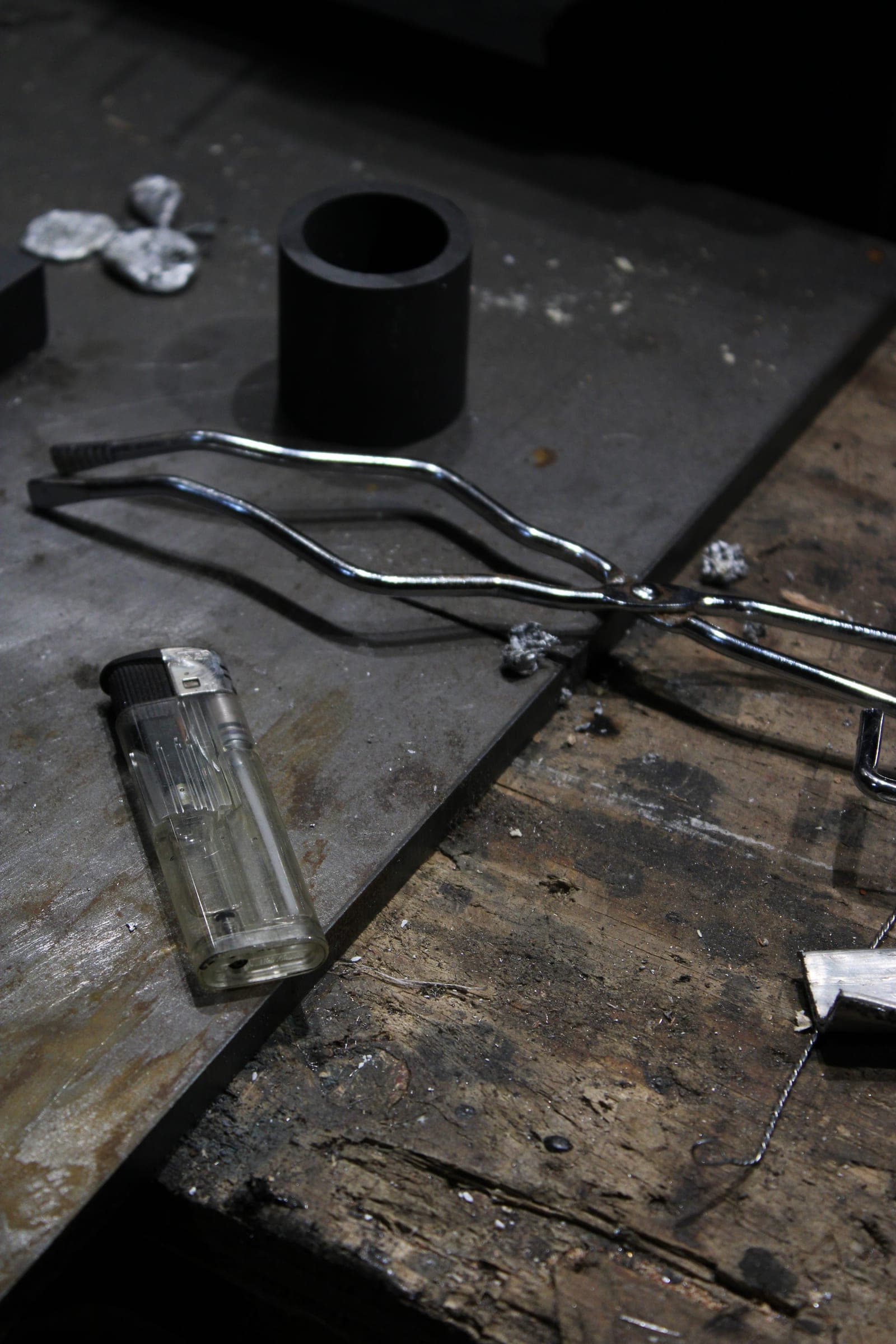 Tools and metal filings on the workbench